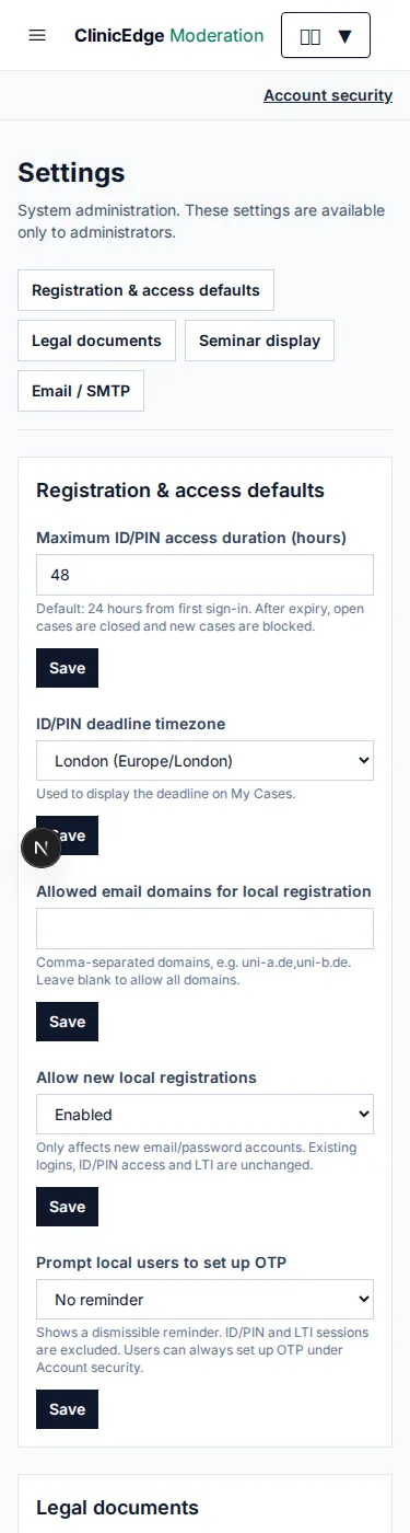 Mobile administrator settings with registration and account-security reminder controls