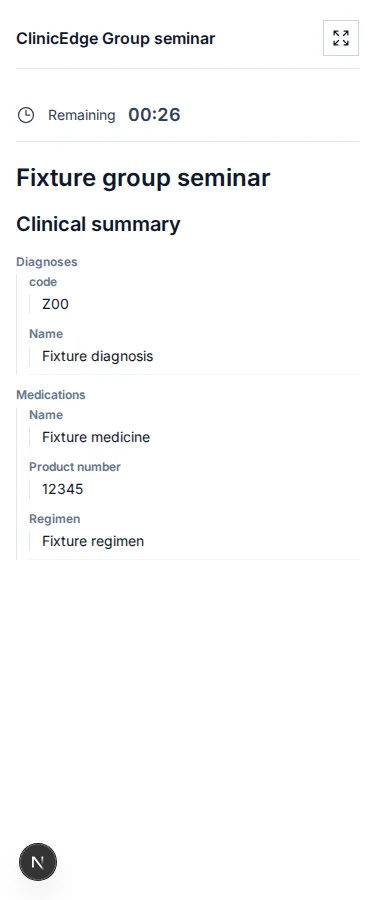 Mobile seminar display of the same safe shared clinical summary and timer
