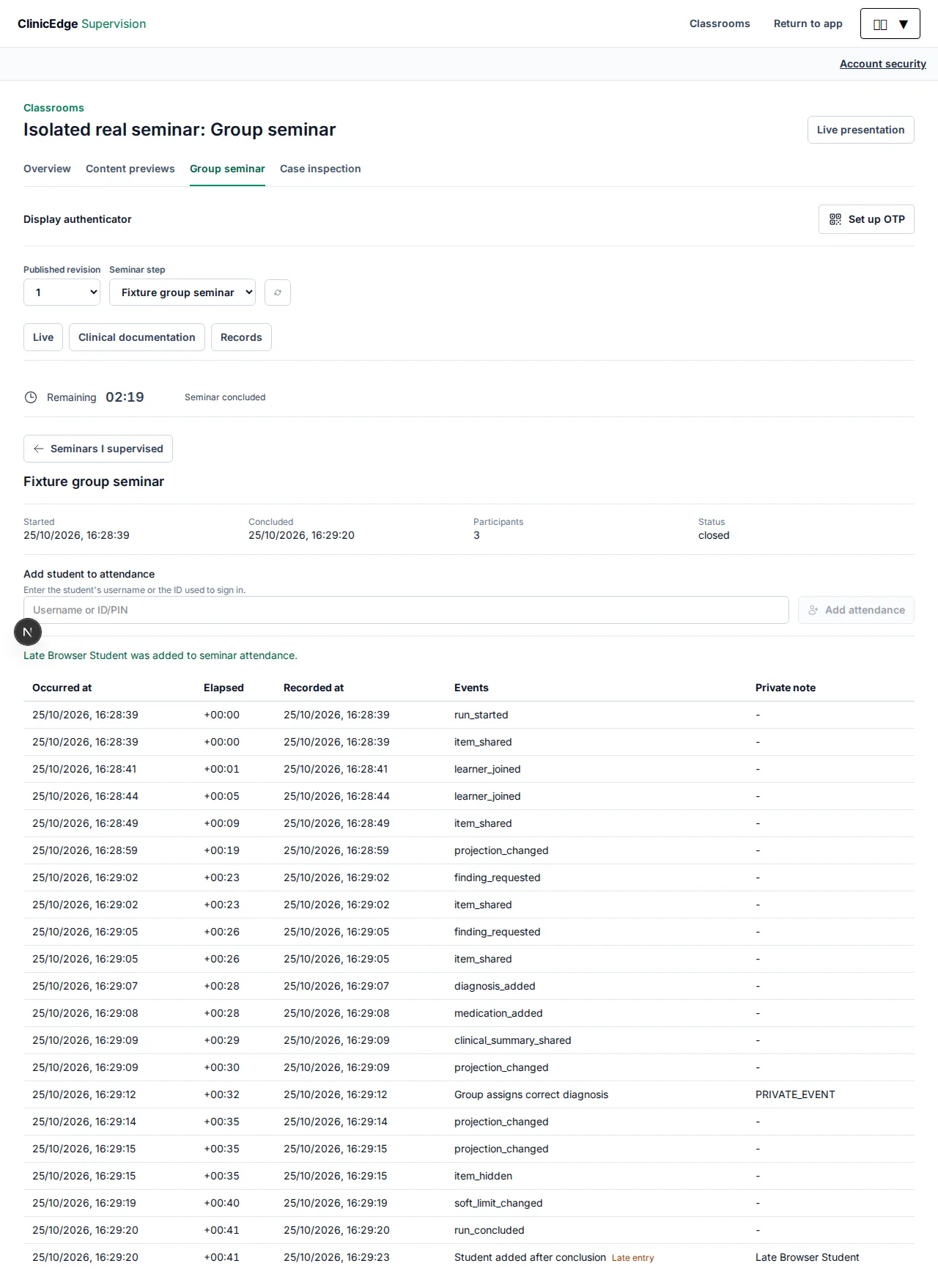 Synthetic concluded-run attendance view with the add-student form and confirmation of a fictional late participant