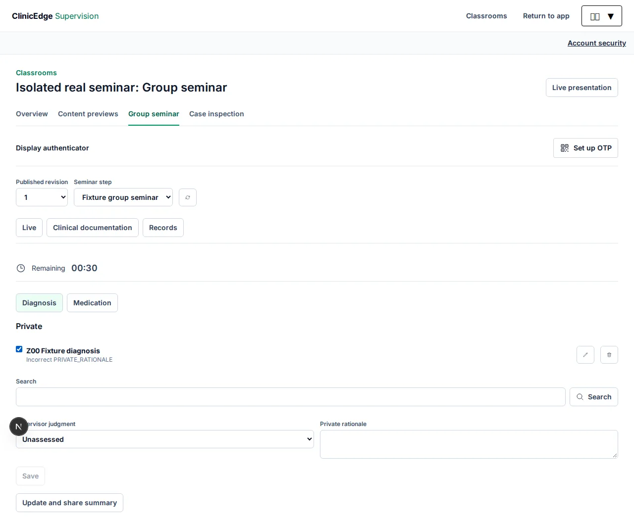 Synthetic clinical documentation tab showing a private diagnosis, supervisor judgment, include-in-summary checkbox, and explicit share-summary button